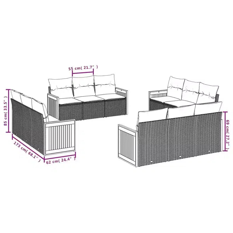 vidaXL 12 Piece Patio Sofa Set with Cushions Gray Poly Rattan