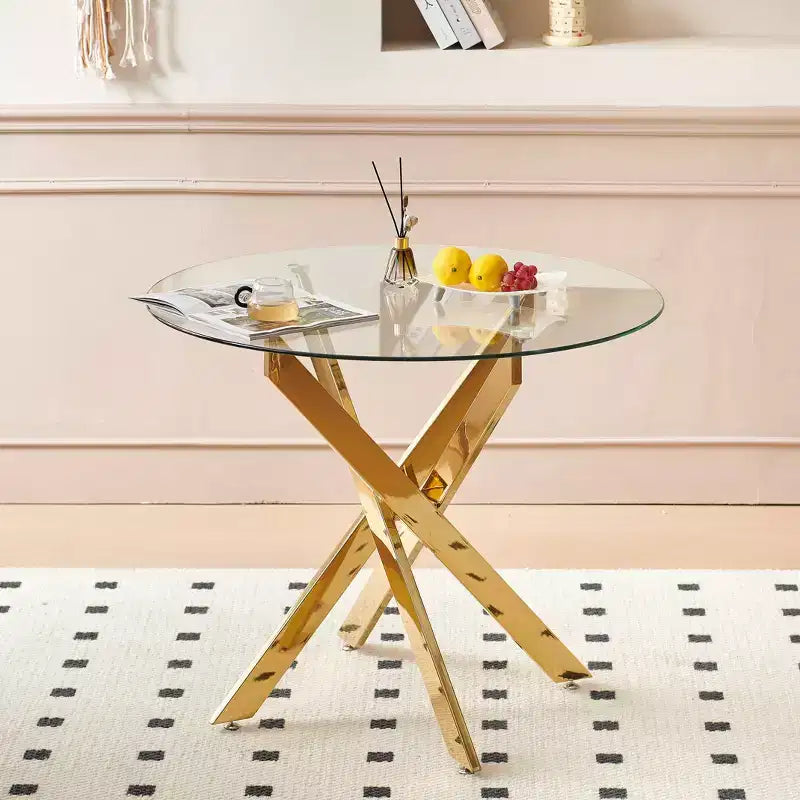 5-Piece Mid-Century Dining Set with Glass Table Top and Metal Legs for 4-6 People, Also Functions as Coffee Table