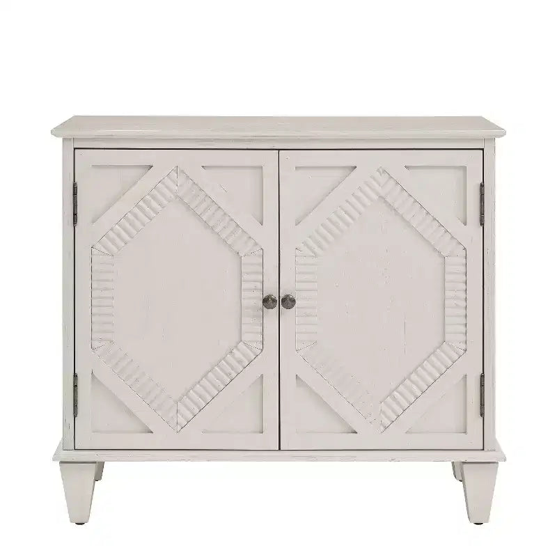 HomeRoots 34 White Wood Carved Geometric Accent Cabinet With Two Doors