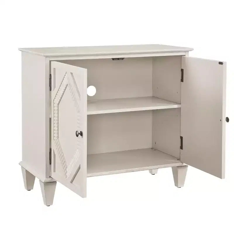 HomeRoots 34 White Wood Carved Geometric Accent Cabinet With Two Doors