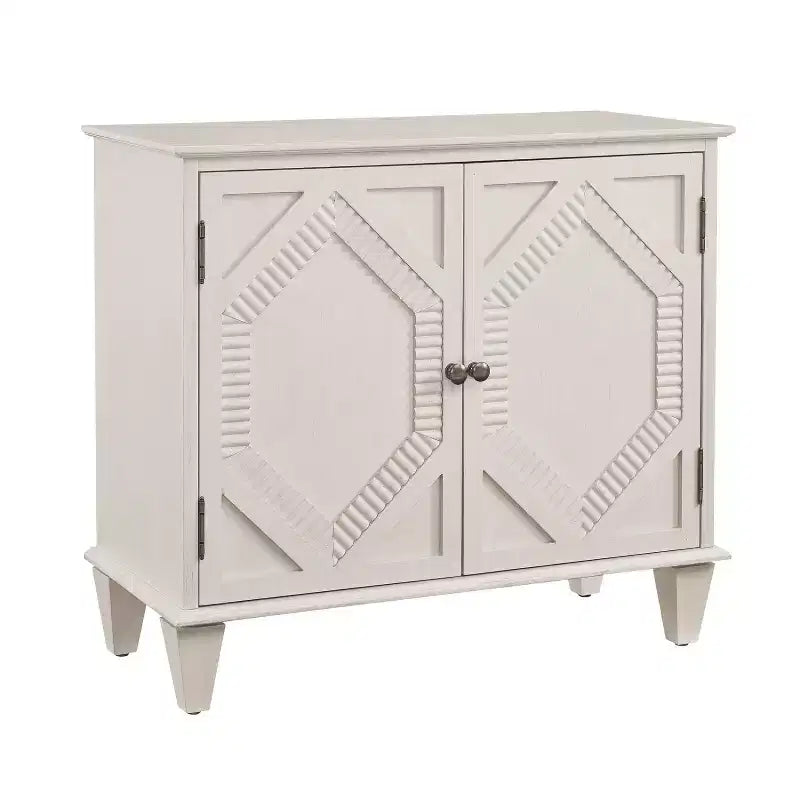 HomeRoots 34 White Wood Carved Geometric Accent Cabinet With Two Doors