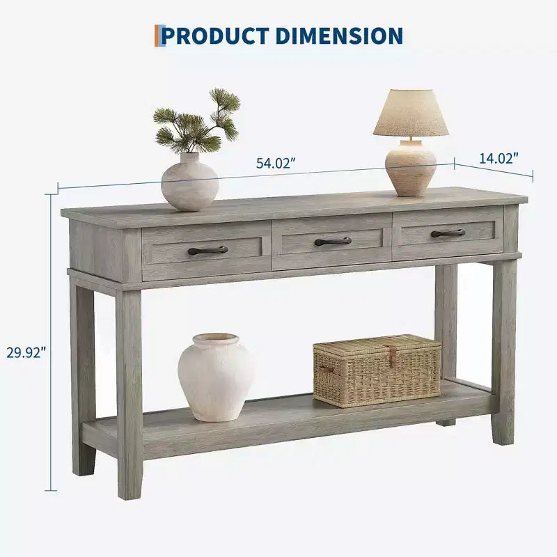 54 Farmhouse Console Table with 3 Drawers & Shelves  Entryway, Sofa, Living Room Storage Table