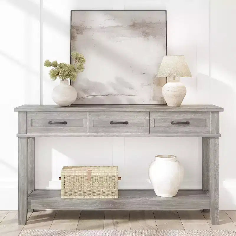 54 Farmhouse Console Table with 3 Drawers & Shelves  Entryway, Sofa, Living Room Storage Table