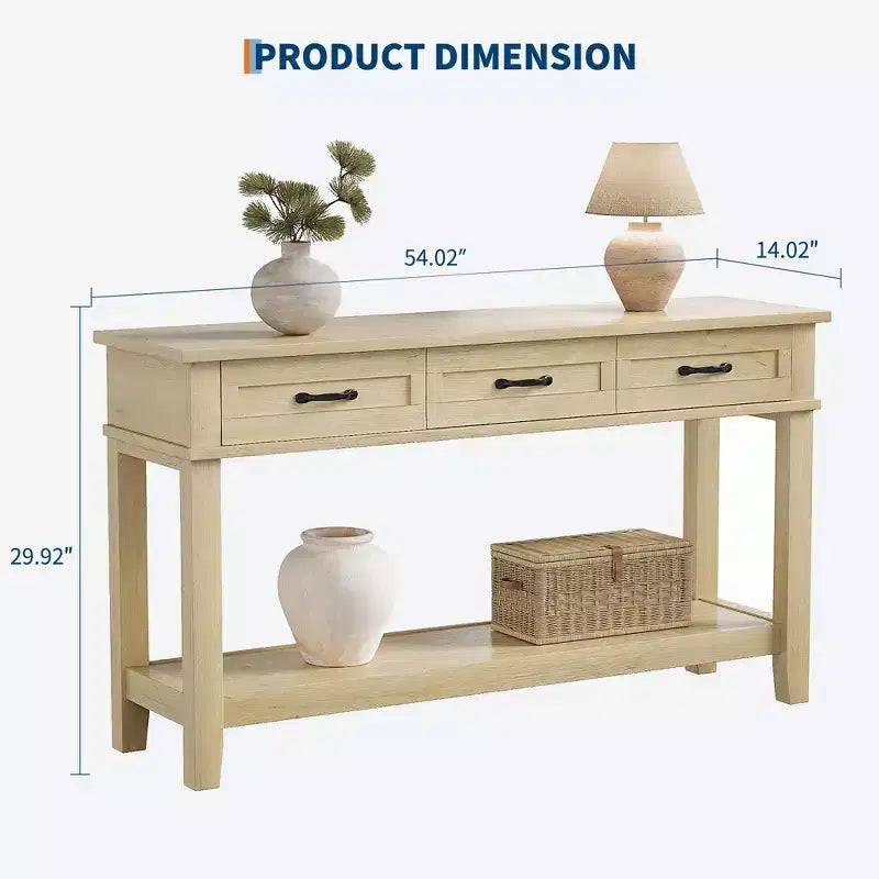 54 Farmhouse Console Table with 3 Drawers & Shelves  Entryway, Sofa, Living Room Storage Table