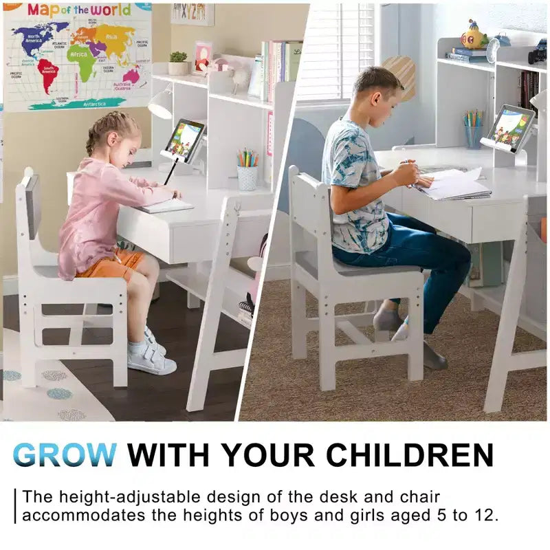 GDLF Kids Desk and Chair Set Adjustable Study Computer Desk Grow with Your Children Media Desk with Whiteboard for 5-12 Years Old
