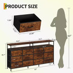 Commode longue de 63 po avec 12 tiroirs, meuble TV pour téléviseurs de 55/65/70 po, meuble TV commode en tissu pour chambre à coucher et salon, commode avec étagères ouvertes