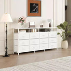 Commode longue de 63 po avec 12 tiroirs, meuble TV pour téléviseurs de 55/65/70 po, meuble TV commode en tissu pour chambre à coucher et salon, commode avec étagères ouvertes