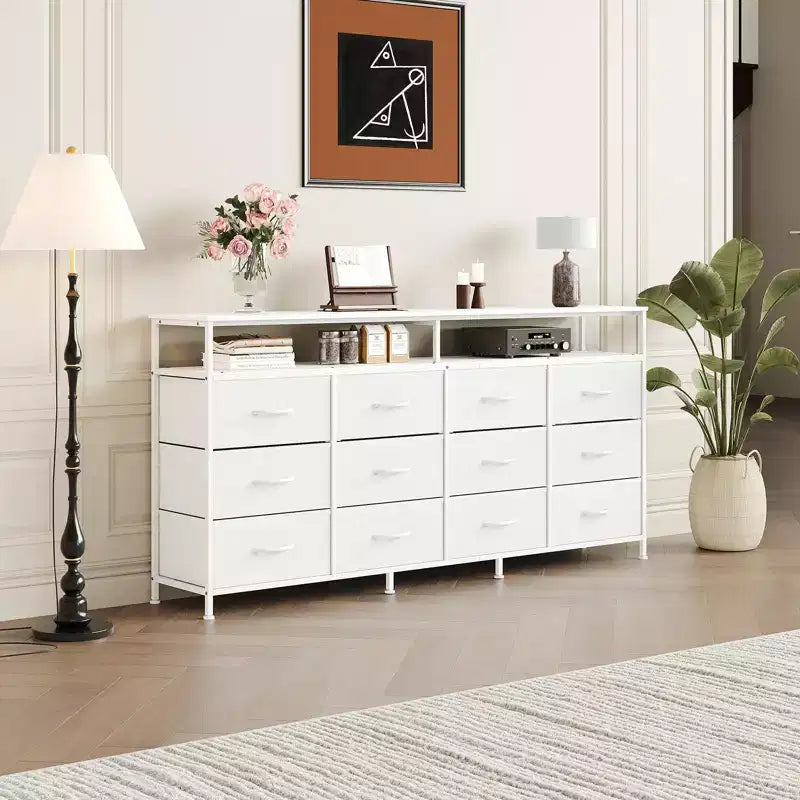 Commode longue de 63 po avec 12 tiroirs, meuble TV pour téléviseurs de 55/65/70 po, meuble TV commode en tissu pour chambre à coucher et salon, commode avec étagères ouvertes
