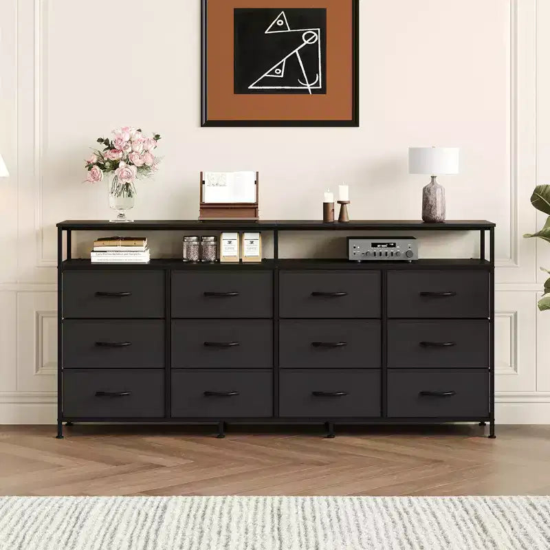 Commode longue de 63 po avec 12 tiroirs, meuble TV pour téléviseurs de 55/65/70 po, meuble TV commode en tissu pour chambre à coucher et salon, commode avec étagères ouvertes