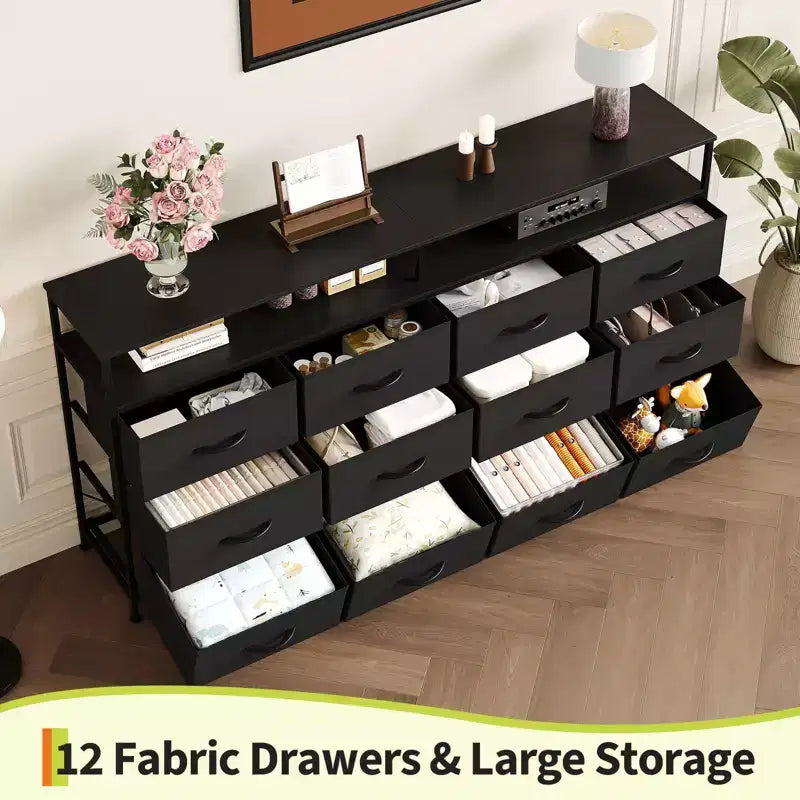 Commode longue de 63 po avec 12 tiroirs, meuble TV pour téléviseurs de 55/65/70 po, meuble TV commode en tissu pour chambre à coucher et salon, commode avec étagères ouvertes