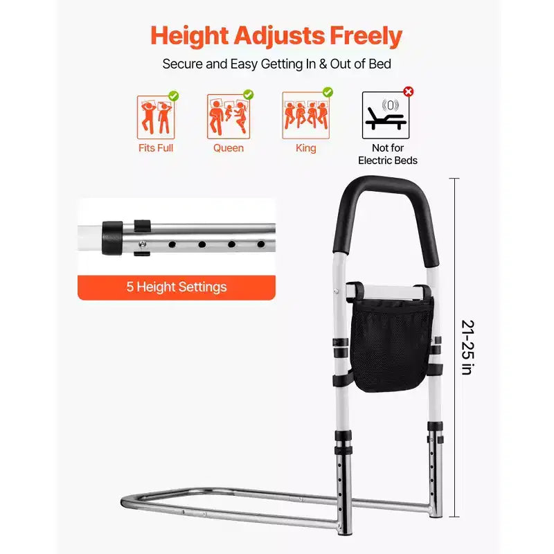 VEVOR Bed Rail for Elderly, Bedside Assist Rails with PU Handrail,Adjustable Height Pipe Bedside Cane,High-Strength Carbon Steel Bed Bars,Black+White