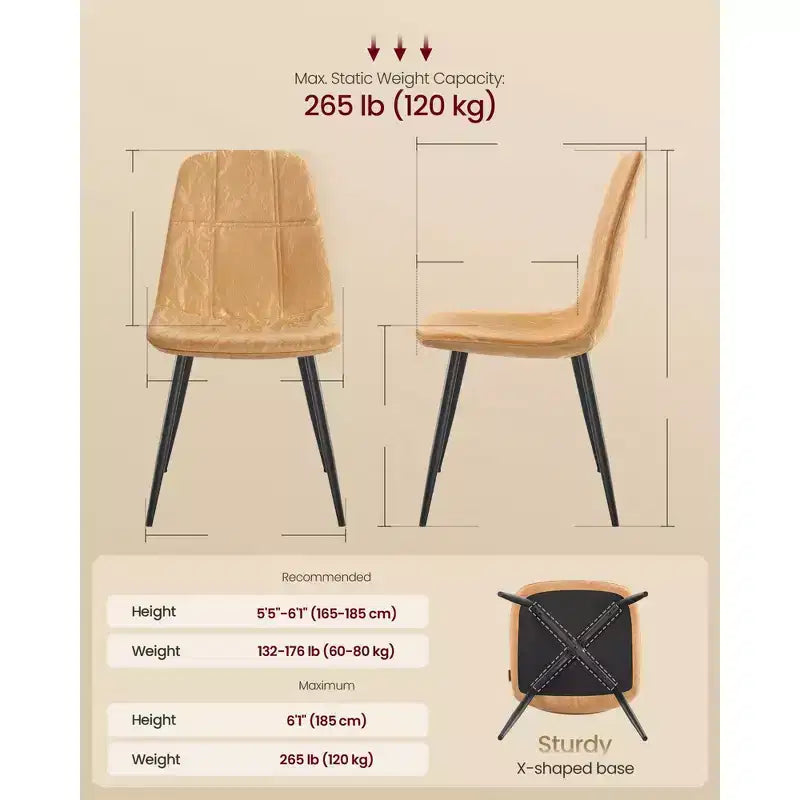 VASAGLE Chaises de Salle à Manger, Chaises de Cuisine, Pieds Réglables, Tissu Chenille, Similicuir Aspect Glacé, Marron Caramel