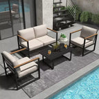 4-Piece Patio Conversation Set with Loveseat, 2 Chairs & Coffee Table, Metal Frame Furniture with Polystyrene Armrests, Black Frame & Beige Cushions