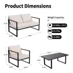 4-Piece Patio Conversation Set with Loveseat, 2 Chairs & Coffee Table, Metal Frame Furniture with Polystyrene Armrests, Black Frame & Beige Cushions