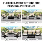 4-Piece Patio Conversation Set with Loveseat, 2 Chairs & Coffee Table, Metal Frame Furniture with Polystyrene Armrests, Black Frame & Beige Cushions