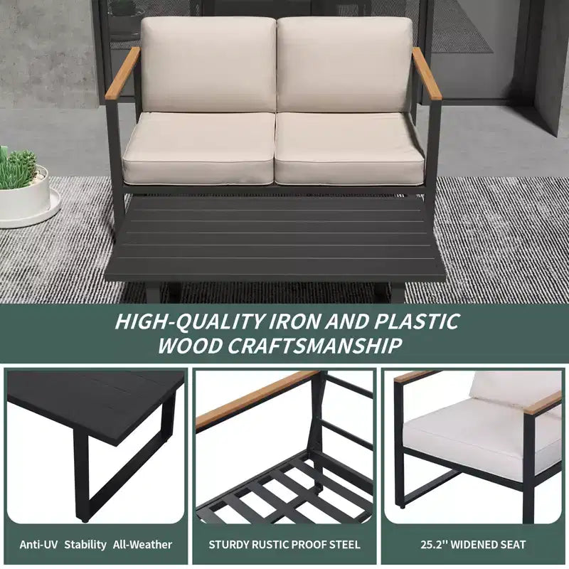 4-Piece Patio Conversation Set with Loveseat, 2 Chairs & Coffee Table, Metal Frame Furniture with Polystyrene Armrests, Black Frame & Beige Cushions