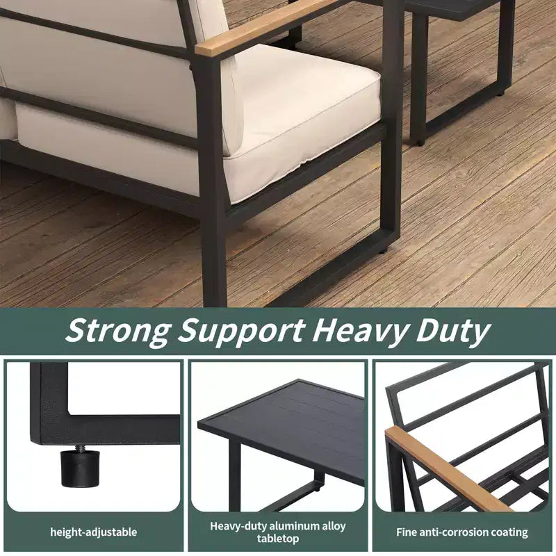 4-Piece Patio Conversation Set with Loveseat, 2 Chairs & Coffee Table, Metal Frame Furniture with Polystyrene Armrests, Black Frame & Beige Cushions