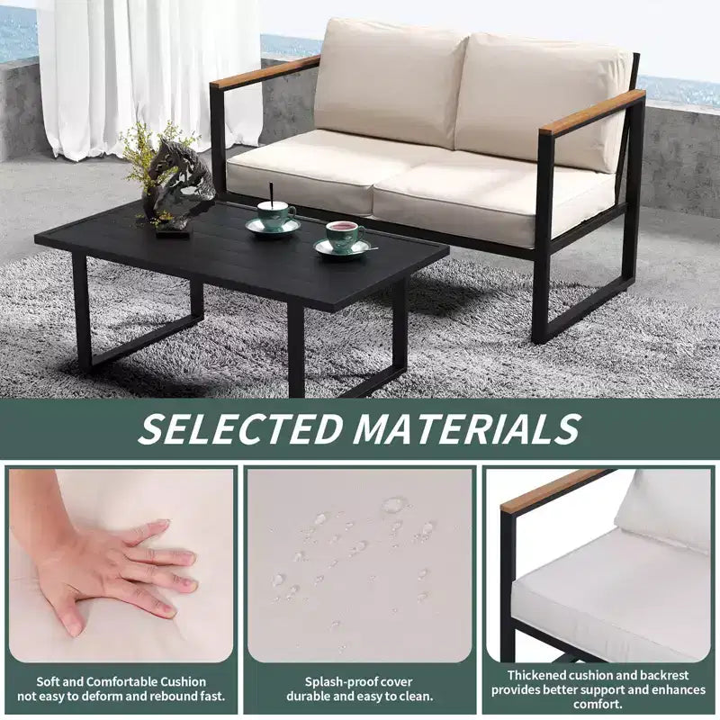 4-Piece Patio Conversation Set with Loveseat, 2 Chairs & Coffee Table, Metal Frame Furniture with Polystyrene Armrests, Black Frame & Beige Cushions