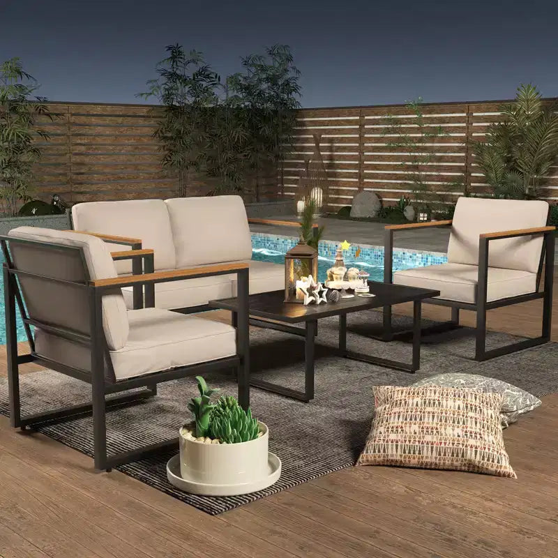 4-Piece Patio Conversation Set with Loveseat, 2 Chairs & Coffee Table, Metal Frame Furniture with Polystyrene Armrests, Black Frame & Beige Cushions