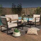 4-Piece Patio Conversation Set with Loveseat, 2 Chairs & Coffee Table, Metal Frame Furniture with Polystyrene Armrests, Black Frame & Beige Cushions