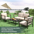 4-Piece Patio Conversation Set with Loveseat, 2 Chairs & Coffee Table, Metal Frame Furniture with Polystyrene Armrests, Black Frame & Beige Cushions