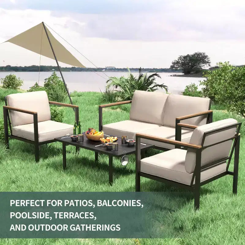 4-Piece Patio Conversation Set with Loveseat, 2 Chairs & Coffee Table, Metal Frame Furniture with Polystyrene Armrests, Black Frame & Beige Cushions