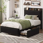 Acekool Twin XL Platform Bed Frame with Storage Headboard, Drawers and USB Ports, Upholstered Corduroy Bed, No Box Spring Needed