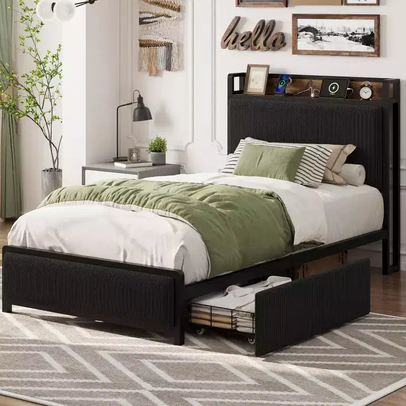 Acekool Twin XL Platform Bed Frame with Storage Headboard, Drawers and USB Ports, Upholstered Corduroy Bed, No Box Spring Needed
