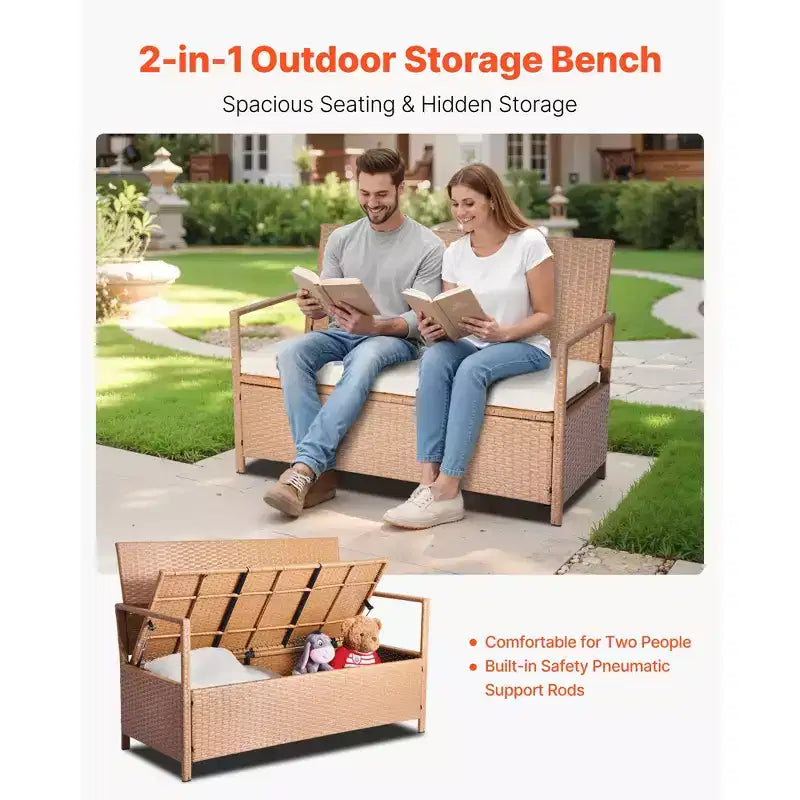 VEVOR Outdoor Storage Bench, 2-Person PE Rattan Storage Bench, 70 Gal Deck Box with Cushion, Supports up to 265 lbs, Brown