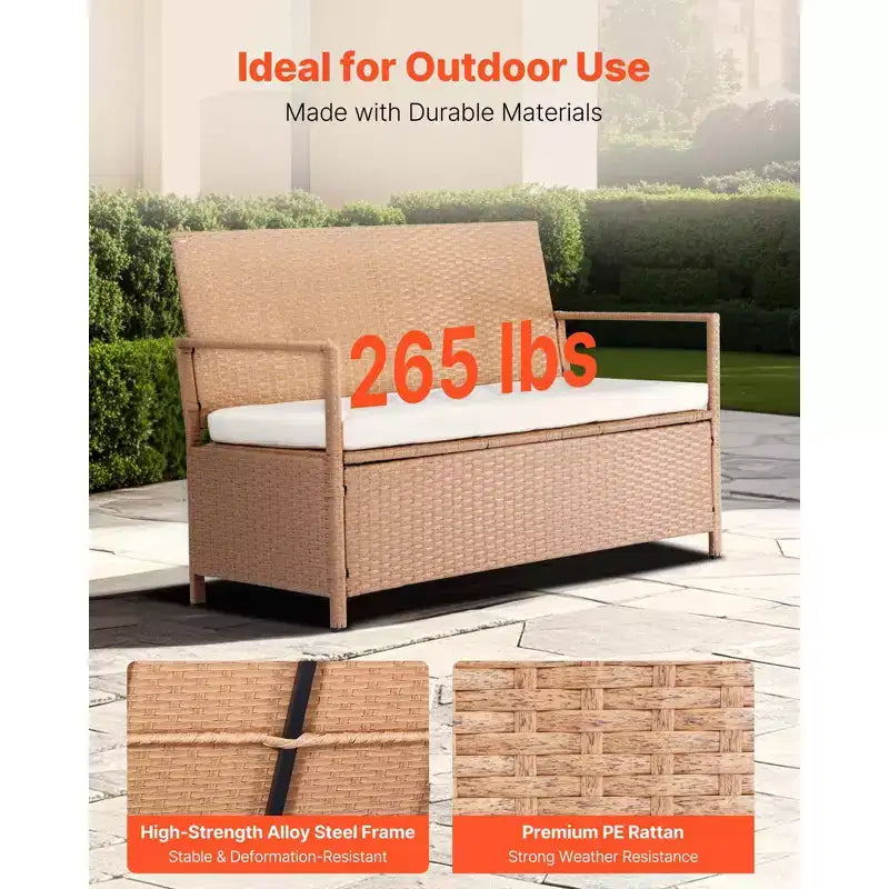 VEVOR Outdoor Storage Bench, 2-Person PE Rattan Storage Bench, 70 Gal Deck Box with Cushion, Supports up to 265 lbs, Brown
