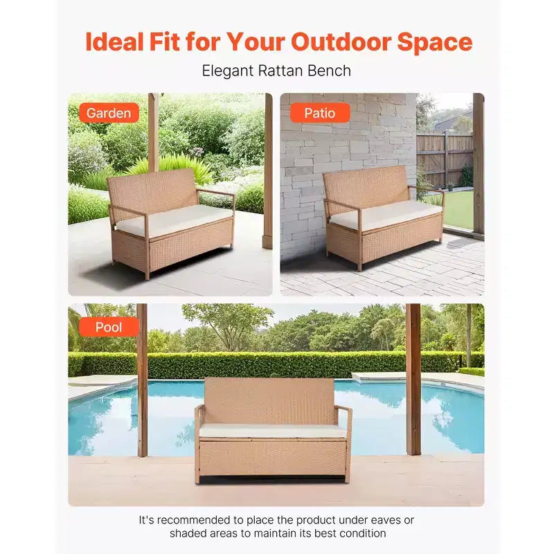 VEVOR Outdoor Storage Bench, 2-Person PE Rattan Storage Bench, 70 Gal Deck Box with Cushion, Supports up to 265 lbs, Brown