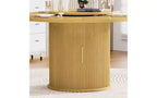 JVNOXK 55-inch round dining table seats six, featuring a double-tiered storage rack and rotating tabletop tray. Wave stripe pattern. Natural wood