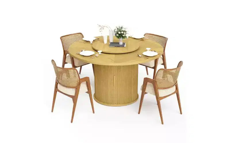 JVNOXK 55-inch round dining table seats six, featuring a double-tiered storage rack and rotating tabletop tray. Wave stripe pattern. Natural wood