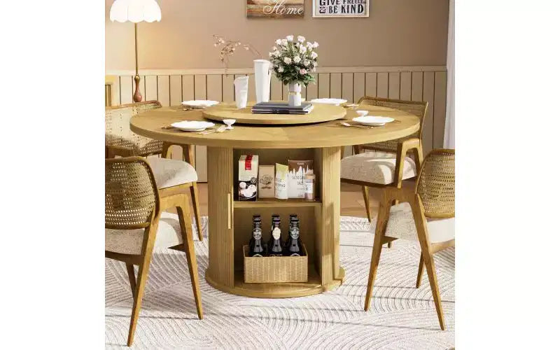 JVNOXK 55-inch round dining table seats six, featuring a double-tiered storage rack and rotating tabletop tray. Wave stripe pattern. Natural wood
