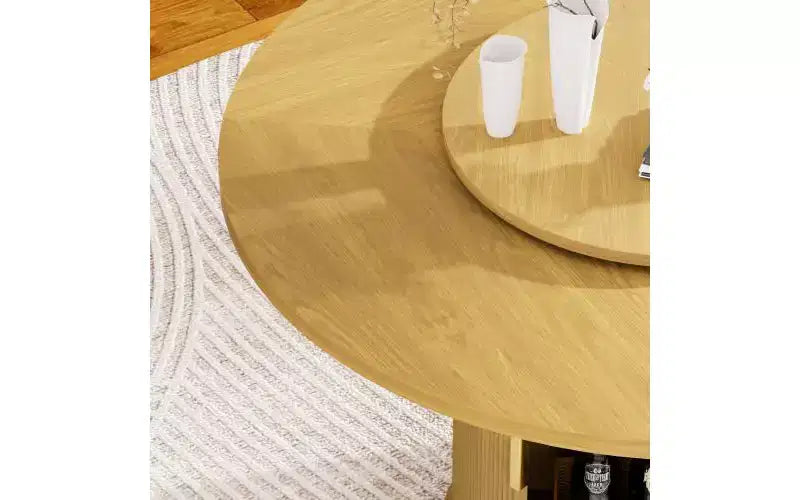 JVNOXK 55-inch round dining table seats six, featuring a double-tiered storage rack and rotating tabletop tray. Wave stripe pattern. Natural wood