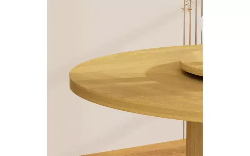 JVNOXK 55-inch round dining table seats six, featuring a double-tiered storage rack and rotating tabletop tray. Wave stripe pattern. Natural wood
