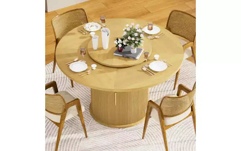 JVNOXK 55-inch round dining table seats six, featuring a double-tiered storage rack and rotating tabletop tray. Wave stripe pattern. Natural wood
