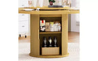 JVNOXK 55-inch round dining table seats six, featuring a double-tiered storage rack and rotating tabletop tray. Wave stripe pattern. Natural wood