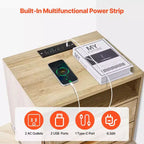Rattan Nightstand with Built-In Charging Station Boho Bedside Table with 2 Drawers Open Shelf Solid Pine Wood Legs 2 AC and 3 USB Ports