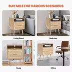 Rattan Nightstand with Built-In Charging Station Boho Bedside Table with 2 Drawers Open Shelf Solid Pine Wood Legs 2 AC and 3 USB Ports