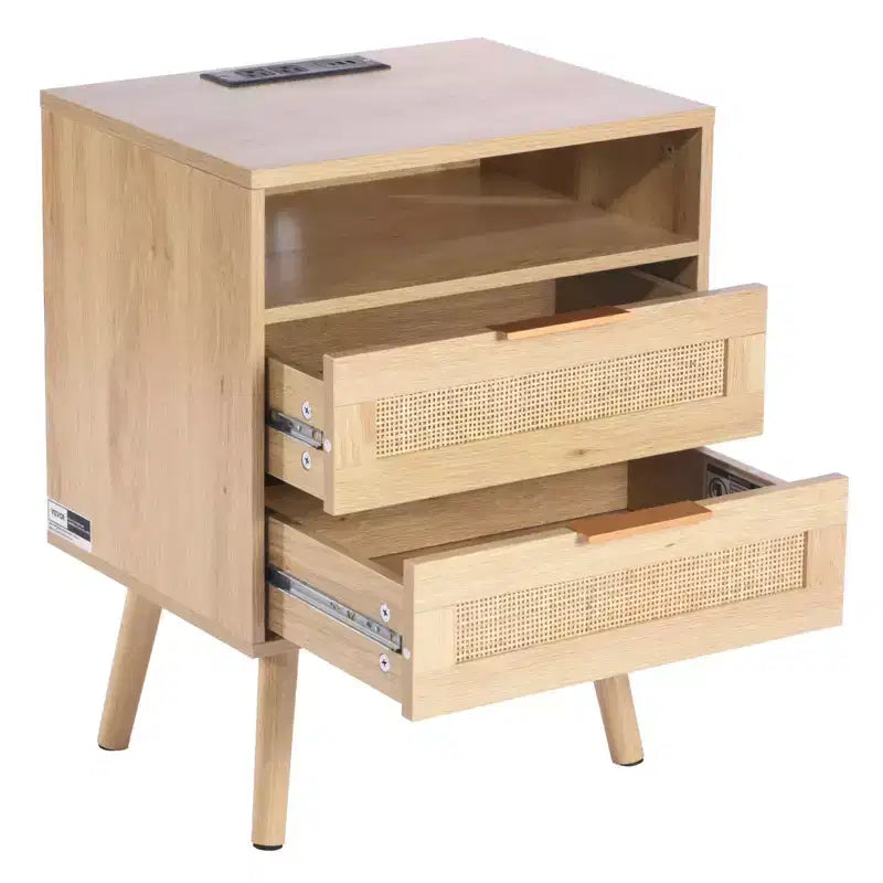 Rattan Nightstand with Built-In Charging Station Boho Bedside Table with 2 Drawers Open Shelf Solid Pine Wood Legs 2 AC and 3 USB Ports