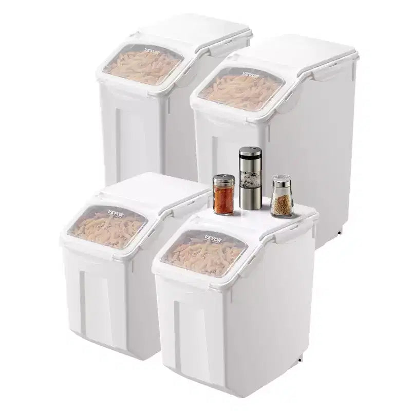 VIYET 4Pack Food Storage Containers, 3.5Gal/15Lx2+4.5Gal/20Lx2, Airtight Lid, 4 Cups, Wheels for Rice Pet Grain Kitchen Ingredient,white