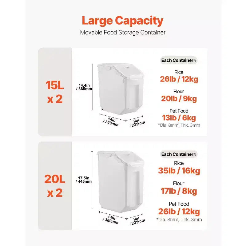 VIYET 4Pack Food Storage Containers, 3.5Gal/15Lx2+4.5Gal/20Lx2, Airtight Lid, 4 Cups, Wheels for Rice Pet Grain Kitchen Ingredient,white