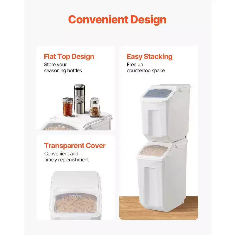 VIYET 4Pack Food Storage Containers, 3.5Gal/15Lx2+4.5Gal/20Lx2, Airtight Lid, 4 Cups, Wheels for Rice Pet Grain Kitchen Ingredient,white