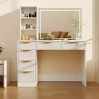 Coiffeuse cannelée avec grand miroir et lumières, grande table de maquillage avec 6 tiroirs et station de charge