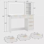 Coiffeuse cannelée avec grand miroir et lumières, grande table de maquillage avec 6 tiroirs et station de charge
