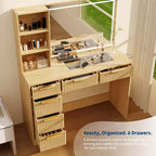 Coiffeuse cannelée avec grand miroir et lumières, grande table de maquillage avec 6 tiroirs et station de charge