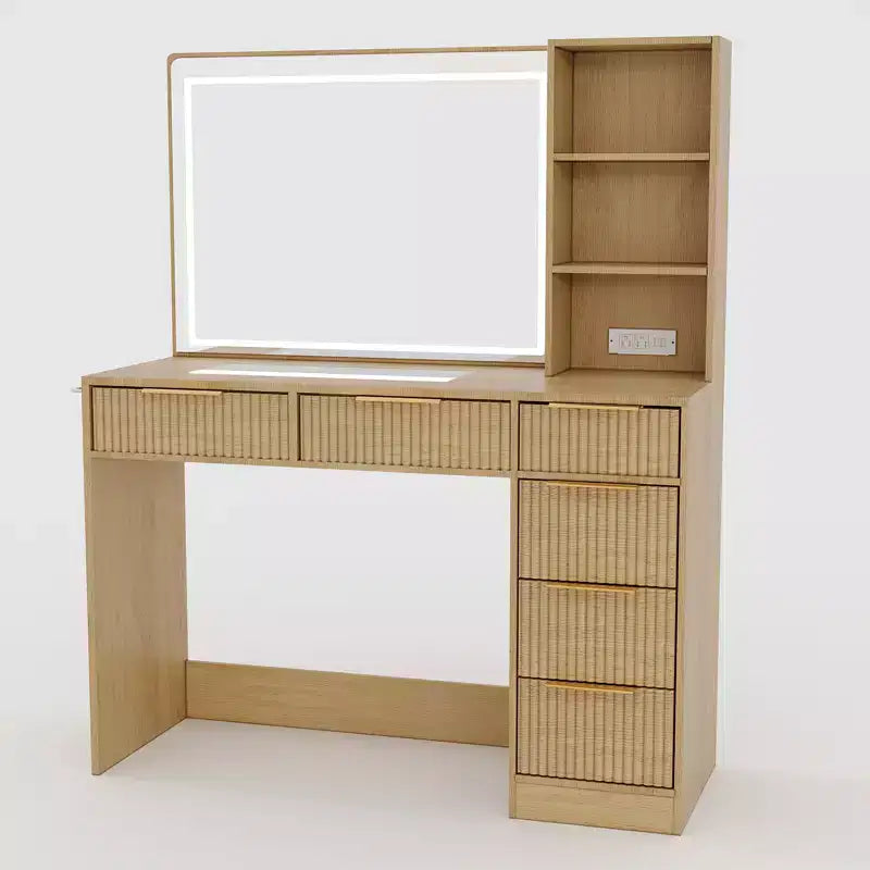 Coiffeuse cannelée avec grand miroir et lumières, grande table de maquillage avec 6 tiroirs et station de charge