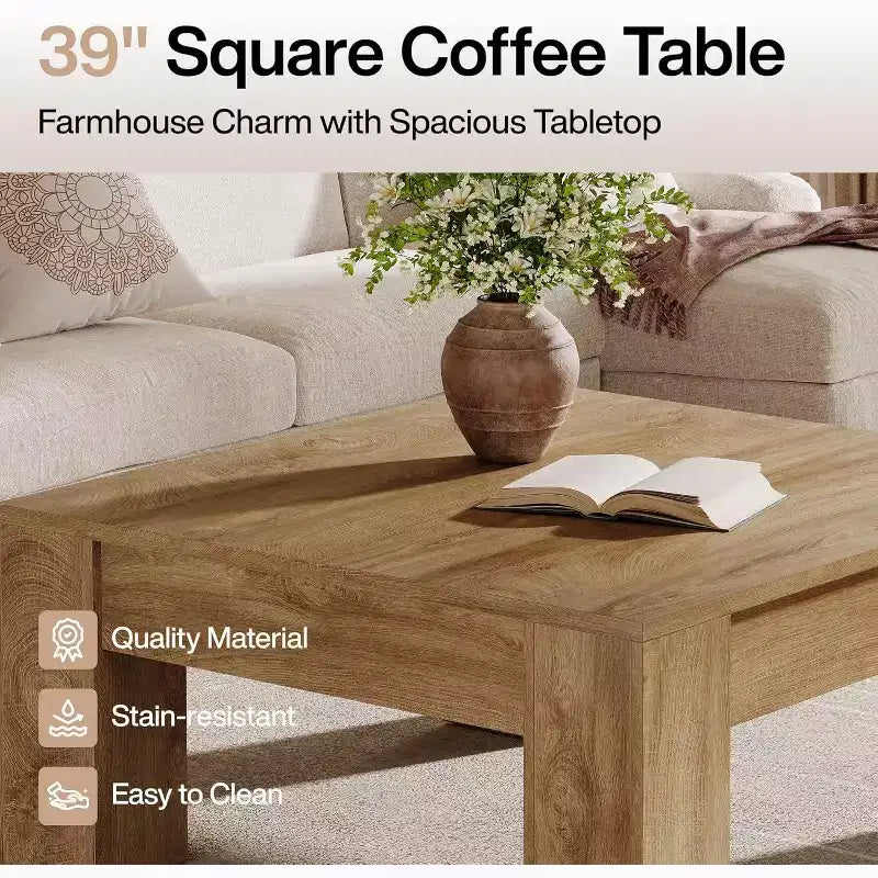 Table basse carrée Lantine de 39 pouces, tables de salon en bois style ferme avec pieds robustes, table d'appoint, montage facile,