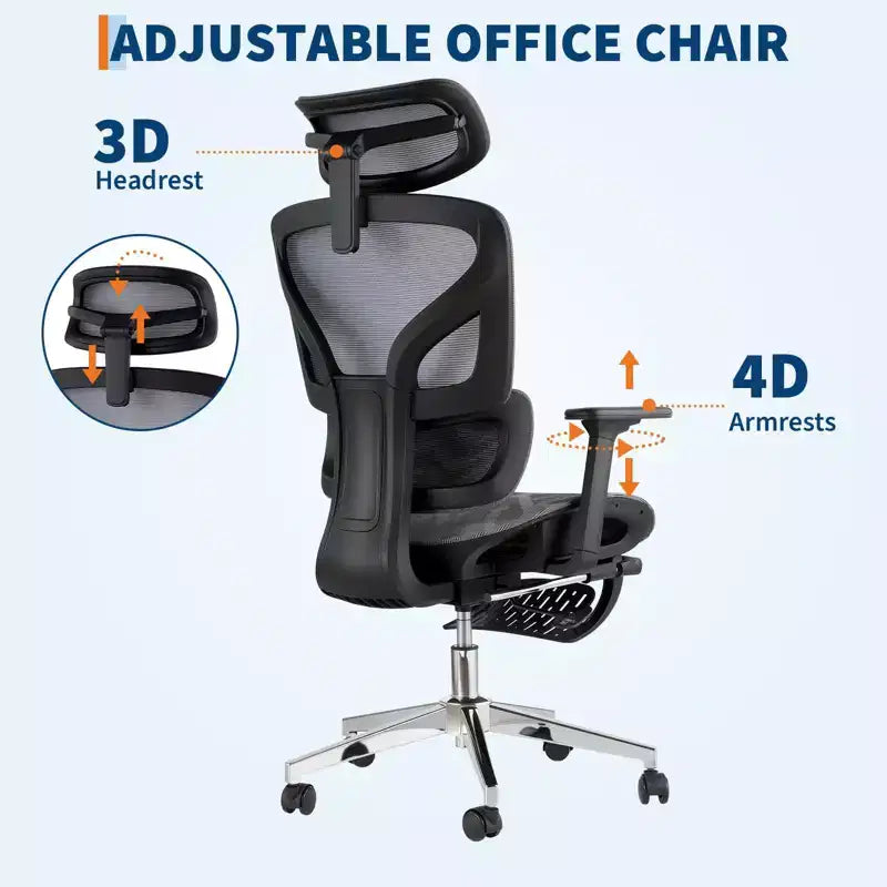 3Rd Gen Ergonomic High Back Mesh Office Chair with Footrest, 4d Adjustable Armrests & Dynamic Lumbar Support for Home Office
